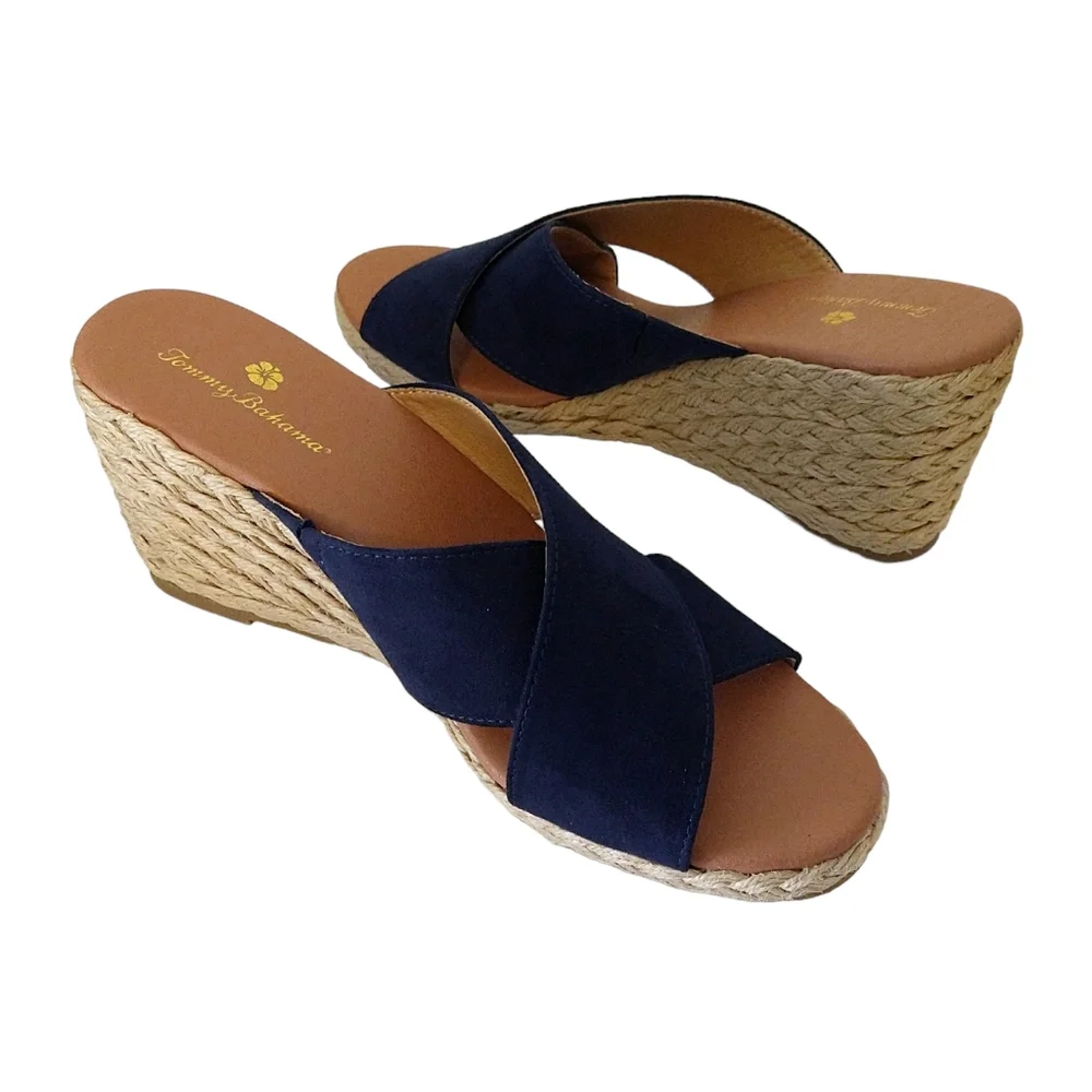 Tommy Bahama Stacey Navy Blue Criss-Cross Fabric Espadrille Wedge Sandals Beachy - Picture 2 of 8